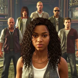 highly detailed portrait of black girl with long curly hair looking at the camera in gta v, stephen bliss, unreal engine, fantasy art by greg rutkowski, loish, rhads, ferdinand knab, makoto shinkai and lois van baarle, ilya kuvshinov, rossdraws, tom bagshaw, global illumination, radiant light, detailed and intricate environment