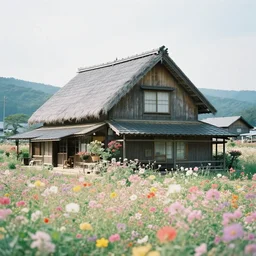 1 9 9 0 s candid 3 5 mm photo of a beautiful day in the a dreamy flowery japanese cottage, cinematic lighting, cinematic look, golden hour, a desk for flower arrangements has sun shinning on it through a window, temple and cherry blossoms in the distance, photographed by petra collins, magical details and glowing lights, uhd