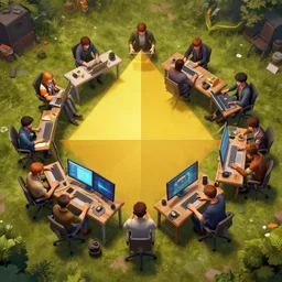 big game development team uncoordinated work in a chaos, top view rule of thirds golden ratio, unreal engine gameart