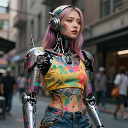 Photoreal Character design of science fiction, human enhanced Cyborg with customised robot body. Self expression, tattoos, street wear, colourful paint, stylish, urban, cinematic