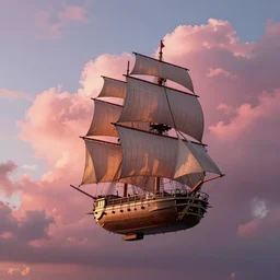 floating airship, with sails, pink clouds, sunset