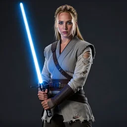 jennifer lawrence as a jedi with ripped and damaged clothes holding a single lightsaber, blue coloured, in her hands, very dark background, official new star wars episode xi movie poster from lucas arts, perfect symmetrical face, moody lighting, 8 k, shallow depth of field, intricate detail,