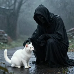 the grim reaper petting a white cat under the rain, digital art