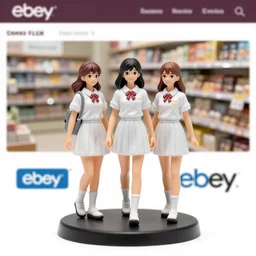Image on the store website, eBay, Full body, 80mm resin detailed miniature of three school girls in white summer uniforms, brown hair