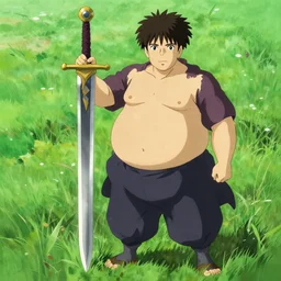 a full body portrait of a fat man with a giant sword bigger than him beauty, delicate features finely detailed perfect art, green field, gapmoe yandere grimdark, trending on pixiv fanbox, painted by greg rutkowski makoto shinkai takashi takeuchi studio ghibli