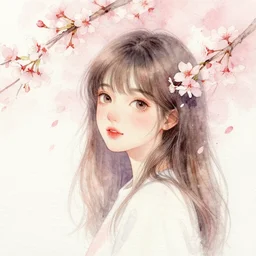watercolour painting of a girl with 桜 hair