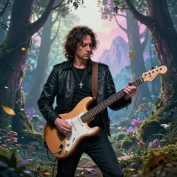 character design of john frusciante playing his stratocaster in a magic forest, trees, mountains, flying leaves, dramatic lighting, pastel colors, high detailed, cinematic, inspired by kim keever