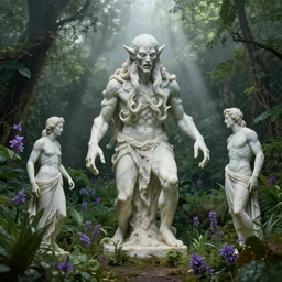 a classical marble statue of an eldritch cthulhu in a lush dense verdant garden by gil elvgren and anton fadeev and ferdinand knab, horror, lovecraftian, mist, hyperrealism, volumetric lighting, god rays, ultrafine details, sfumato, purple flowers, overgrown