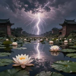 beautiful matte painting of an ancient waterlily pond of art By Andreas Rocha, John Howe, Martin Johnson Heade, featured on artstation, featured on behance, Featured on illustrationx, featured on conceptartworld, cinematic, cinematic lightning, concept art, landscape photography composition, f32