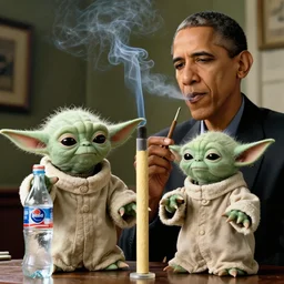 Obama Smoking a fat blunt with Yoda, both of them drinking mountain dew