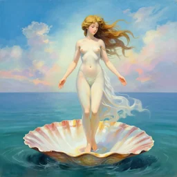 by amy sillman, by okuda san miguel, by mamoru oshii washed - out. the installation art of the moment when the goddess venus is born from the sea. she is shown standing on a giant clam shell, with her long, flowing hair blowing in the wind. the installation art is full of light & color, & venus looks like she is about to step into a beautiful, bright future.