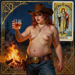 a dramatic, epic, ethereal painting of a sexy mischievous thicc shirtless cowboy with a beer belly wearing a large belt and offering food and whiskey | background is a late night campfire | homoerotic | tarot card, art deco, art nouveau | by Mark Maggiori | trending on artstation