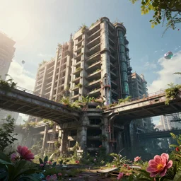 a beautiful photorealistic highly detailed unfinished building building industrial architecture abandoned architecture overpass by titian, flowers bladerunner 2 0 4 9 apocalyptic universe morning sun forest myst fisheye crystal postcyberpunk retro bioshock, archdaily, wallpaper, highly detailed, trending on artstation.