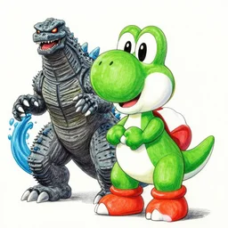 crayon drawing of yoshi vs godzilla