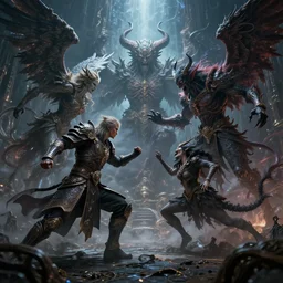 futuristic warrior + ancient demon battle in the heavenly realm, battle, male, wide angle, mystical, magical, time traveler, angelic, demonic, sinister, hyperdetailed, photorealism, macabre, intricate details, super details, super - resolution, insanely detailed and intricate, cinematic, moody lighting, nebula light rays, 8 k, octane render