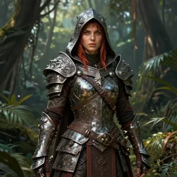 the elder scrolls vi hammerfall, charismatic rugged female redguard character portrait partially clothed in hooded metalplated exquisitely detailed hooded battle armour, tropical jungle setting, atmospheric lighting, painted, intricate, volumetric lighting, beautiful, sharp focus, ultra detailed by leesha hannigan, ross tran, thierry doizon, kai carpenter, ignacio fernandez rios