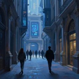 hyperrealistic and beautiful painting of an alley way within a grand city, wanderers traveling from afar, a shadowy figure walking, classical architecture, technological lights, screens, cyberpunk style, 8 k resolution, by hugh ferris and john smith, polished, fine detail, intricate, blue color scheme, cyberpunk style, smooth, octane, concept art, trending on artstation