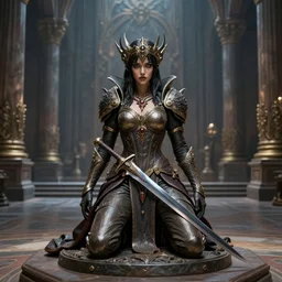 a detailed full body portrait of a statue black haired girl knelling, in highly detailed giant hall, the queen of blades, diablo 4 queen, a beautiful face, by dorian cleavenger, greg rutkowski, wlop, astri lohne, zdzisław beksinski, trending on artstation