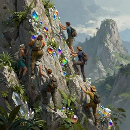 portraits of adventurers climbing a rocky mountain made of rainbow gemstones and crystal and glass, refraction and reflection, iridescent, verdant and lush and overgrown, fantasy, horizon zero dawn 2, intricate, elegant, highly detailed, digital painting, artstation, concept art, matte, sharp focus, illustration, art by ruan jia and conrad roset and bouguereau,