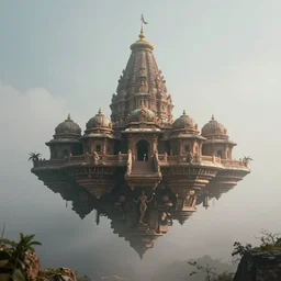 futuristic floating sci fi cult temple made out of hindu temple like promotheus, foggy sky, around photorealism, unreal engine, 8 k, volumetric lighting, beeple style