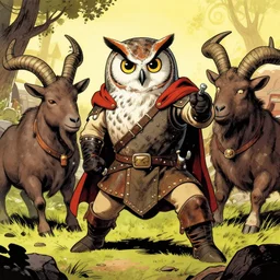 graphic novel about grumpy owl mercenary fighting with goat barbarians, colourful, by rembrandt