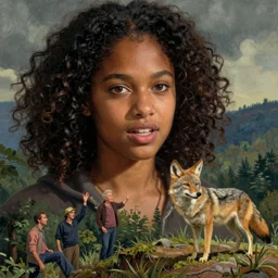 a closeup of a young black haired woman talking with a coyote on the top of a forested hill. dynamic conversation, gary baseman, dan mumford, pedro correa, mort drucker, story book, intricate detailed, looking straight into camera