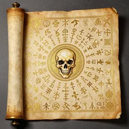magical medieval scroll containing myriad gold inlay symbols and sigils and one a single punisher skull emblem. detailed, high art, intricate, artisan