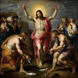 Jesus Christ making the miracle of changing bread into fish, at the wadding of Canaan. In the style of Rembrandt, hyper realistic, hyper detailed, baroque, trending on artstation
