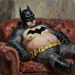 digital art of morbidly obese batman sleeping on couch, fat, trending on Artstation, oil on canvis octane render