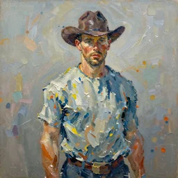abstracted John Wayne painted in extremely thick, glistening impasto splatter paint, in muted colors, in impressionist style of 3689002859