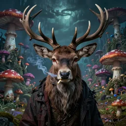 4 k headshot portrait of a psychedelic demonic anthropomorphic deer - horned wendigo smoking a hand - rolled cigarette smoking heavily, magic mushroom village in background. award winning. superb resolution. in the art style of junji ito and greg rutkowski. detailed mushroom city in background. hyper realistic anime. perfect art. dalle 2