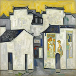 a painting of abstract buildings like hongcun ancient village houses by yves tanguy and alphonse mucha and zaha hadid, thick outlines
