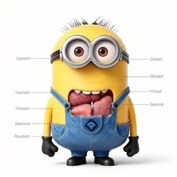 Anatomical drawing of a Minion, with organs labeled. Highly detailed. Medical Textbook