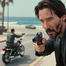 beautiful hyperrealism three point perspective film still of Keanu Reeves as neo aiming two uzi at agent smith in a nice oceanfront promenade motorcycle chase scene in Matrix meets ronin(1990) extreme closeup portrait in style of 1990s frontiers in translucent porclein miniature street photography seinen manga fashion edition, miniature porcelain model, focus on face, eye contact, tilt shift style scene background, soft lighting, Kodak Portra 400, cinematic style, telephoto by Emmanuel Lubezki