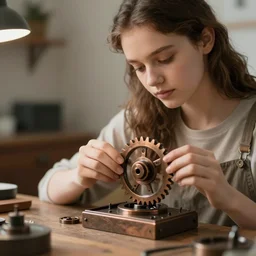 A beautiful girl makes bronze gear on a workbench, 50mm photo, soft light, highly detailed, motion blur, trending on artstation