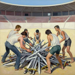 greg manchess portrait painting of people stripping over a pile of swords in an arena, medium shot, asymmetrical, profile picture, organic painting, sunny day, matte painting, bold shapes, hard edges, street art, trending on artstation, by huang guangjian, gil elvgren, ruan jia, randy vargas, greg rutkowski
