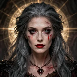 portrait of a witch, grey hair, scars, red tears, beautiful, stunning, detailed, by artgerm, by greg rutkowski, by luis royo, by pixar, by myazaki, gothic, final fantasy, fantasy, medieval