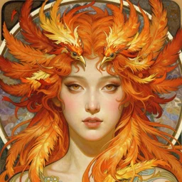 realistic detailed face portrait of an otherworldly Phoenix Goddess with fiery feathers in her hair by Alphonse Mucha, Ayami Kojima, Amano, Charlie Bowater, Karol Bak, Greg Hildebrandt, Jean Delville, and Mark Brooks, Art Nouveau, Neo-Gothic, gothic, rich deep moody colors