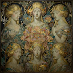 breathtaking detailed concept art painting art deco pattern of blonde faces goddesses amalmation flowers, by hsiao - ron cheng, bizarre compositions, exquisite detail, extremely moody lighting, 8 k