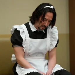 Keanu Reeves wearing a maid outfit, depressed