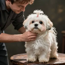 a man petting a maltese dog