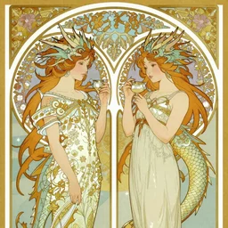 An Art Nouveau of two dragon girls, sharp, carefully designed, detailed, beautiful, wallpaper 4K, Yen Press, pixiv, official media