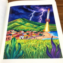 low angle, art magazine cut out collage, retro lights, psychedelic oil paint, grassy hills background, mexican town with a beach, night with thunder and lightning, aquatic plants 🪴, space rocket 🚀 taking off, copic marker outline