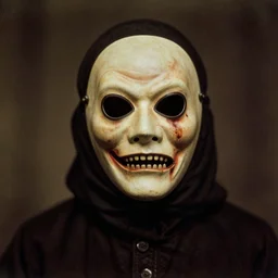 a portrait photograph of a strange being wearing a scary vintage halloween mask, creepy, atmospheric, cinematic lighting, epic scene, 1 9 2 0 autchrome color photograph