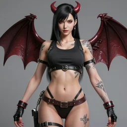 gorgeous!! hyper - realistic giant woman resembling bulma + felicia from darkstalkers + tifa lockhart ff 7, tattoos, succubus, demon girl | drawn by artgerm, drawn by wlop, drawn by jeehyung lee | intricate, high detail, ultra graphics, photorealistic, symmetrical, cinematic, smooth, sharp focus, character design, expressive, cute, beautiful!! full body, concept art, octane render - h 8 3 2