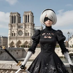 Screenshot from Nier Automata in Marseille. In the background there is Notre-Dame de la Garde