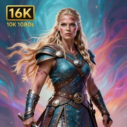 Official full-body photo of a majestic fierce viking woman, leader, mind-blowing details, ethereal, fear, scarred, highly detailed, viking attire, cinematic, 16k, 1080s,  smooth, sharp focus, by Stanley Artgermm, Tom Bagshaw, Greg Rutkowski, Vincent di Fate, Carne Griffiths, Ayami Kojima, WLOP, trending on DeviantArt, hyper detailed, full of color, digital art, Vibrant colors, Smooth gradients, High contrast, depth of field, aperture f2.8