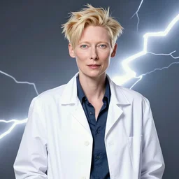 formal portrait of tilda swinton as doc brown from back to the future. lightning background, wearing white coat. digital art by eugene de blaas, ross tran, and nasreddine dinet, vibrant color scheme, intricately detailed, in the style of romanticism, cinematic, lighting background, artstation, greg rutkowski