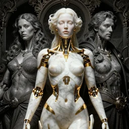 vibrant portrait of beautiful white marble and gold cyborg woman by sandra chevrier, laurie greasley, gustave dore, ron english, cybernetics, low contrast, cinematic dramatic lighting, hyper realistic detailed intricate render, hypermaximalist, ornate, epic composition, 4 k 8 k, cryengine octane, sharp focus, concept art, masterpiece, monochrome