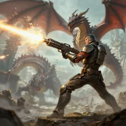 man in a juggernaut suit wileding a minigun shooting at a dragon,fantasy art